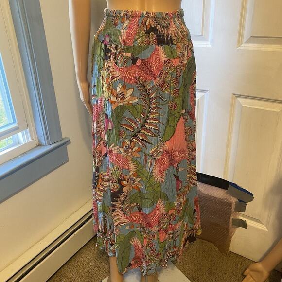 Y2K Tiered Peasant Skirt Maxi Women XS/S PullOn Elastic Boho Beach Tropical Bird - Picture 10 of 10